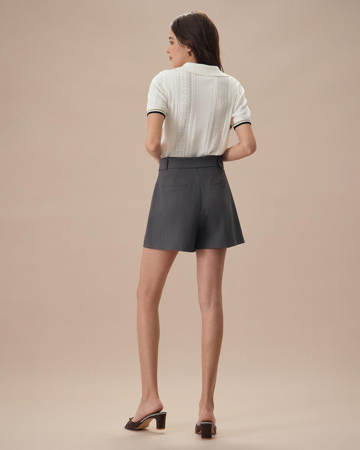 Women's Grey High-Waisted Belted Pleated Shorts Female Product Image