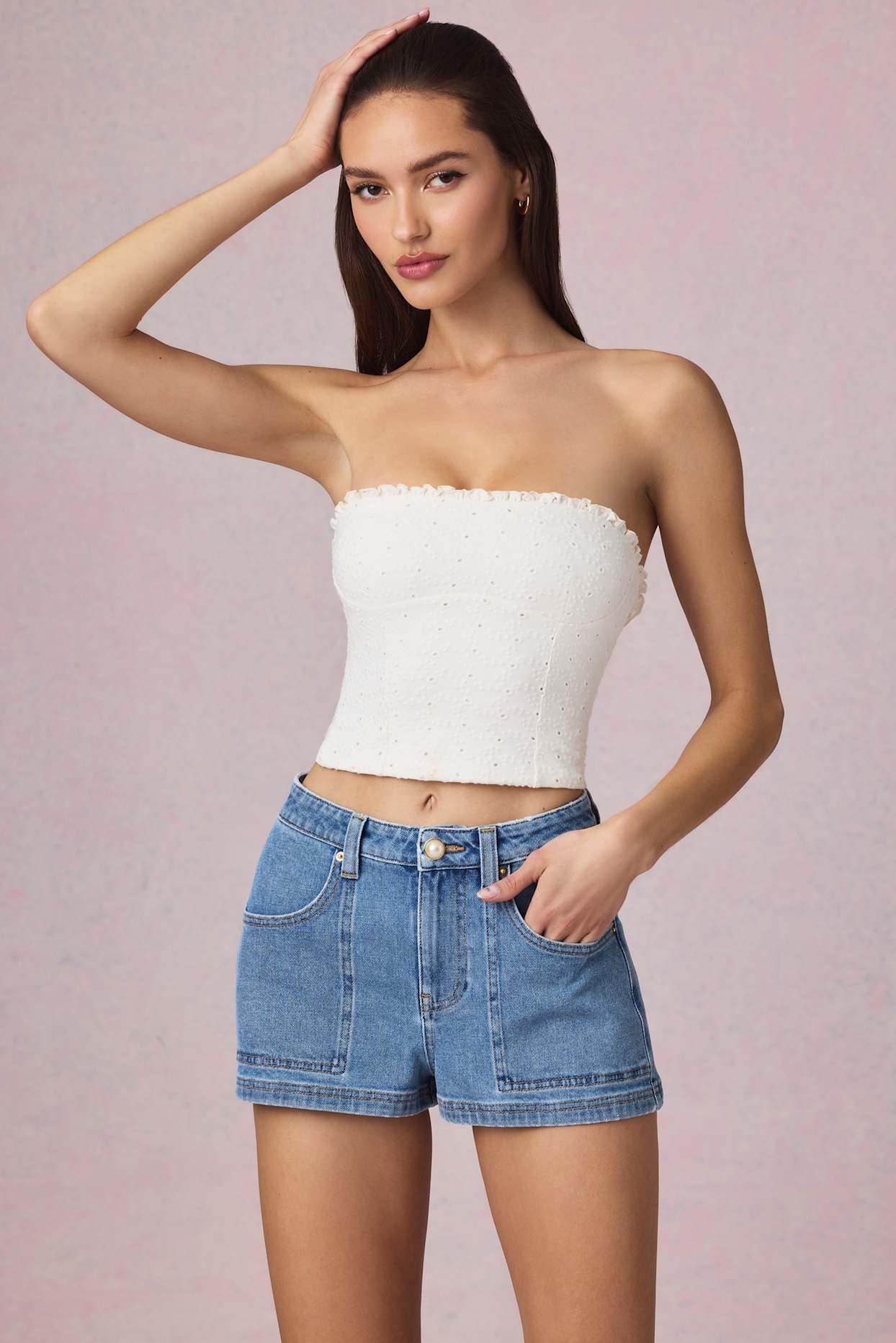 High-Waist A-Line Shorts in Mid-Blue Wash Product Image