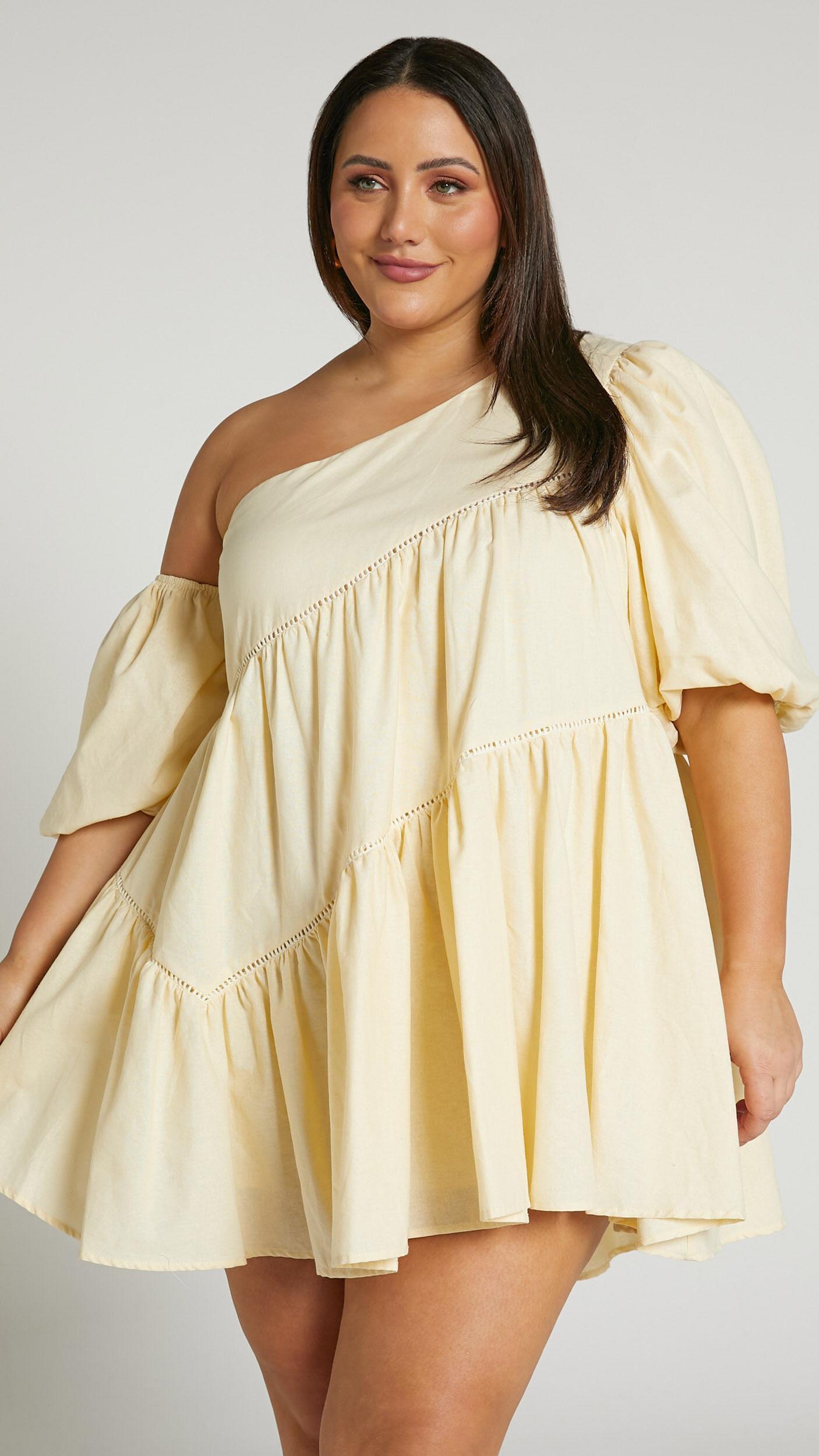 Harleen Mini Dress - Linen Asymmetrical Trim Puff Sleeve Dress in Beige Product Image