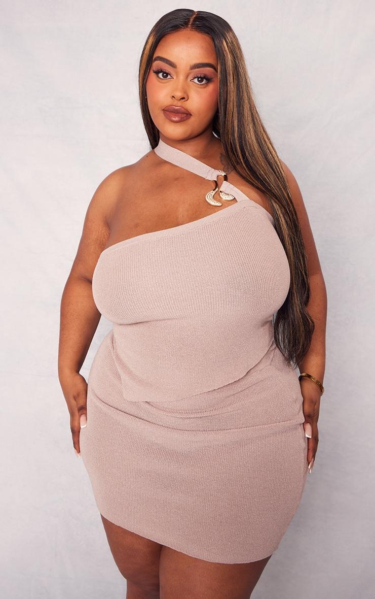 Plus Rose Gold Rib Knit Gold Trim Asymmetric Top Product Image
