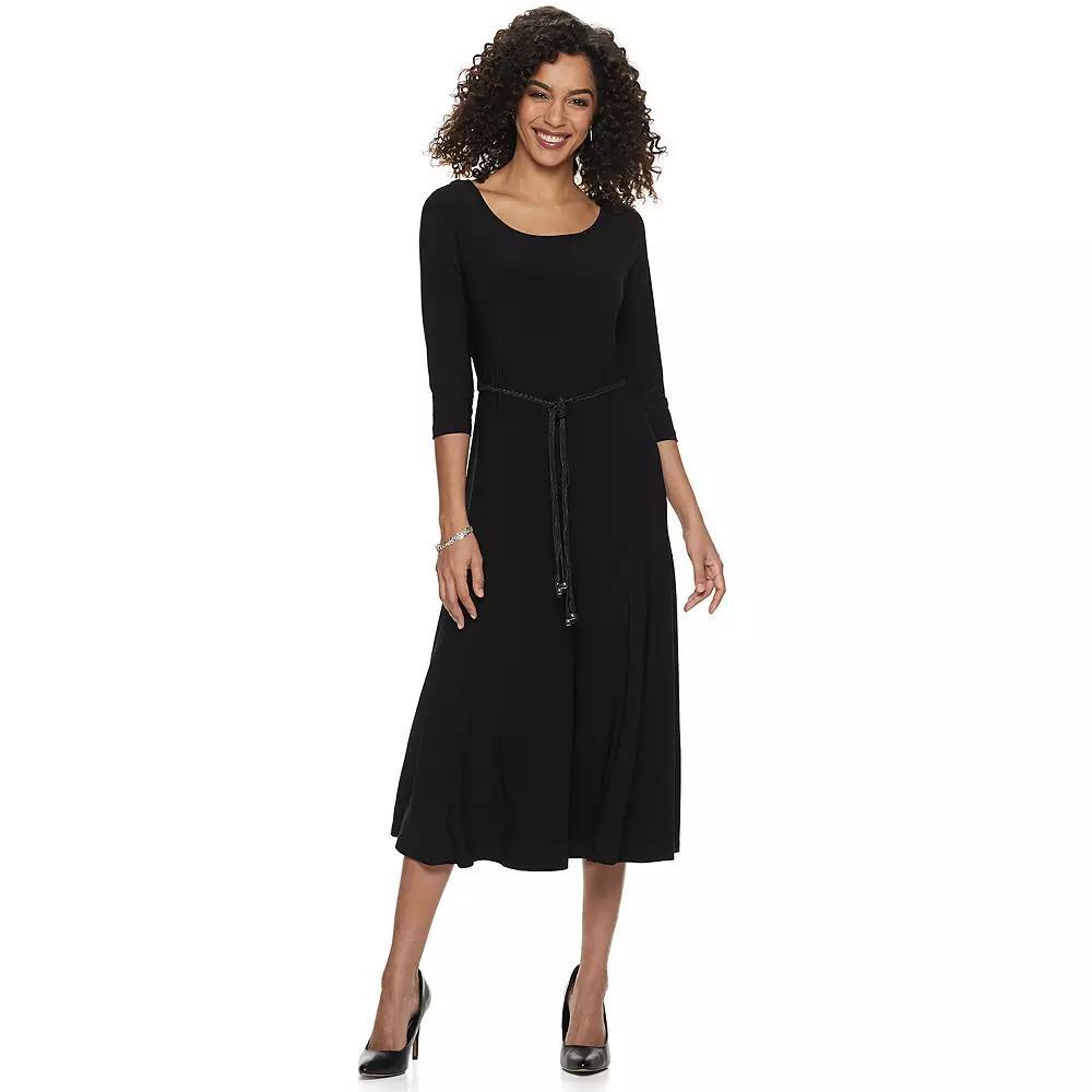 Women's Nina Leonard Three-Quarter Sleeve Belted Midi Dress, Size: Medium, Grey Product Image