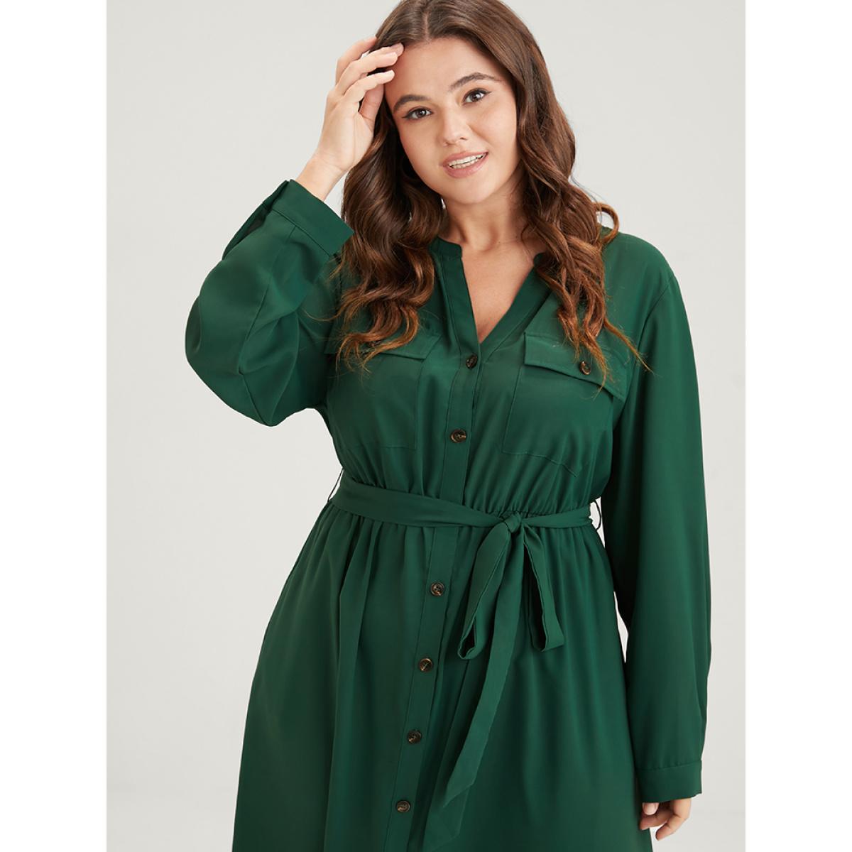 Plus Size Solid V Neck Pocket Button Asymmetrical Flutter Hem Belted Dress DarkGreen Women Office Plain V-neck Long Sleeve Curvy Long Dress BloomChic 28/5X Product Image