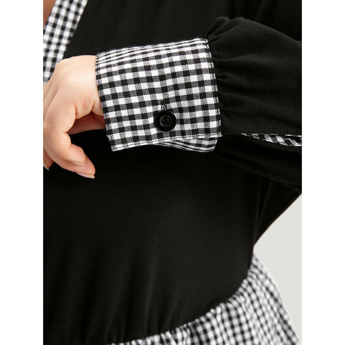 Plus Size Notched Drawstring Gingham Patchwor Dress Black Women Casual Patchwork Notched collar Long Sleeve Curvy Midi Dress BloomChic 22-24/3X Product Image
