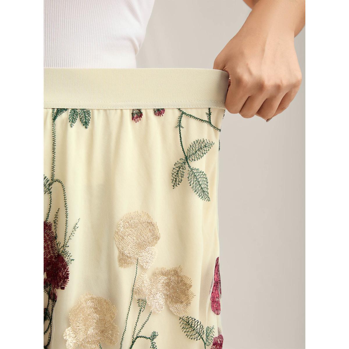 Plus Size Roses Forever Pleated Lined Midi Skirt Women Beige Elegant Gathered Bodycon Low stretch Slanted pocket Everyday-Elegant Skirts BloomChic 12/L Product Image