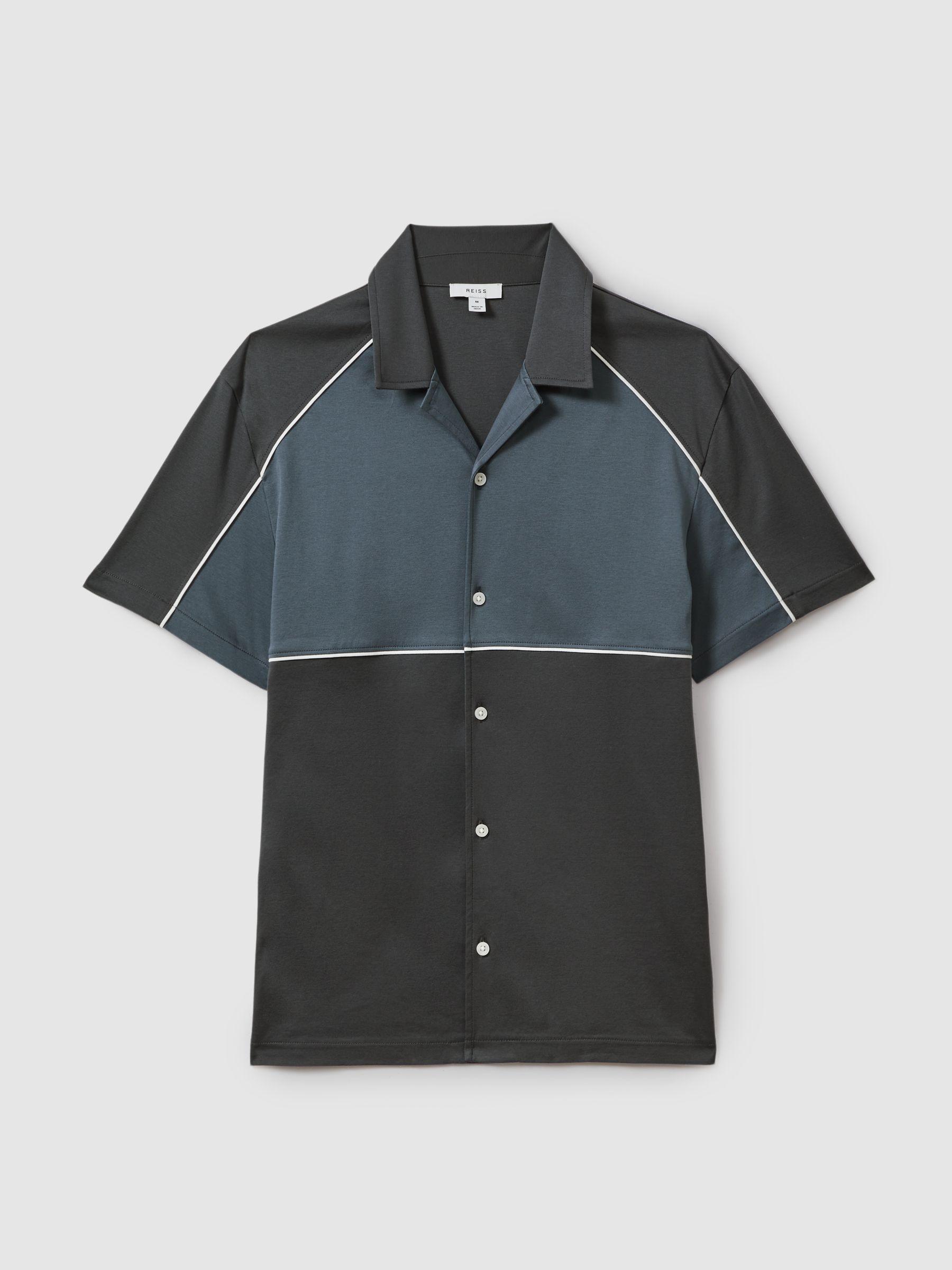 Mercerised Cotton Colourblock Cuban Collar Shirt in Blue Multi Product Image