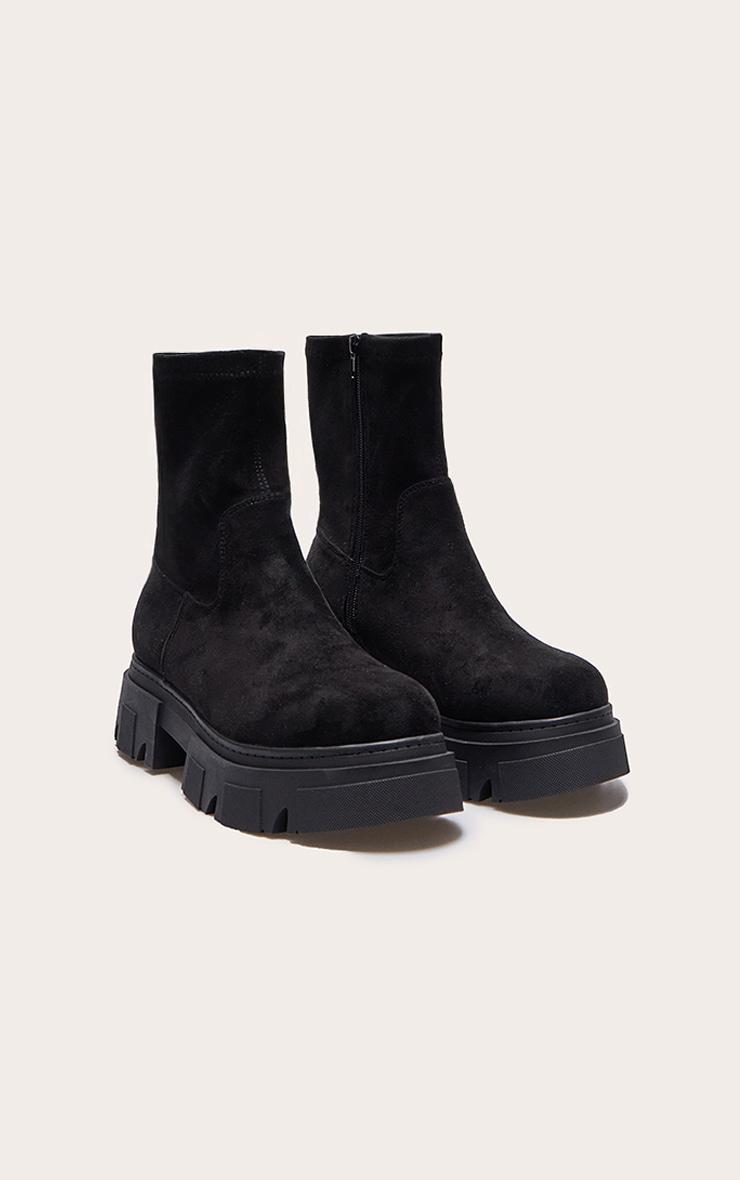 Black Wide Fit Faux Suede Extreme Cleated Sole Ankle Sock Boots Product Image