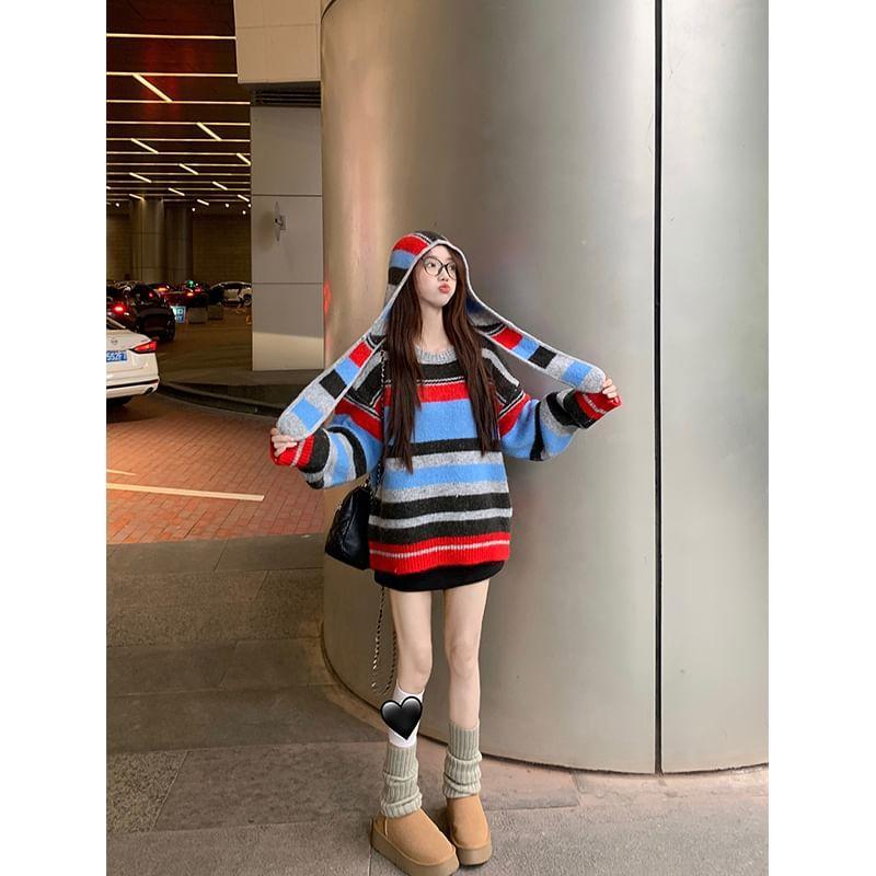 Crewneck Striped Knit Hoodie Product Image