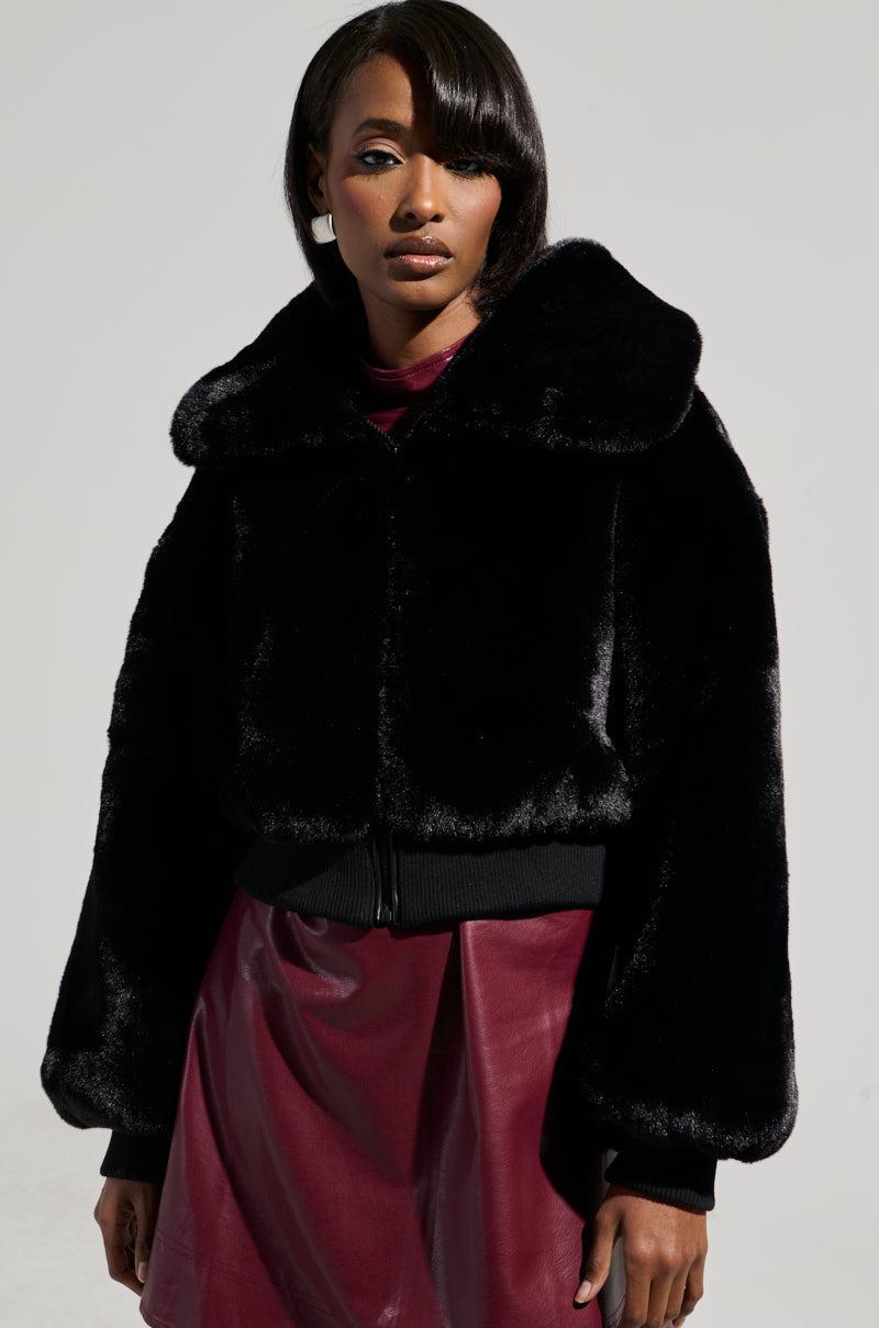 DREW FAUX FUR BOMBER WITH RIB TRIM IN BLACK Product Image