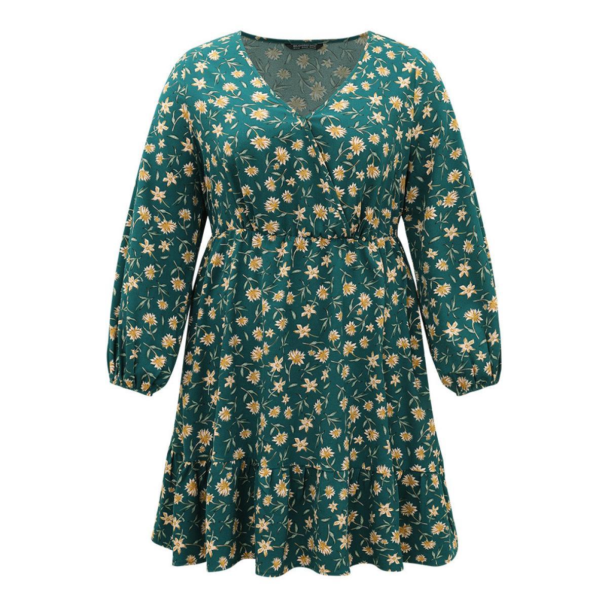Plus Size Floral Print Surplice Neck Elastic Cuffs Dress Teal Women Elegant Elastic cuffs V-neck Long Sleeve Curvy Midi Dress BloomChic 14-16/1X Product Image