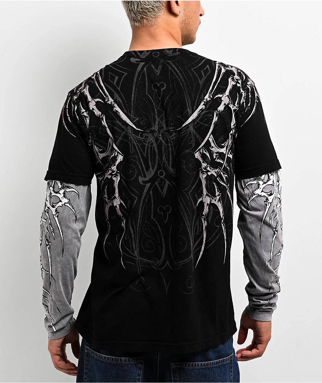Affliction Skeleton Black Lava & Grey 2fer Long Sleeve T-Shirt Product Image