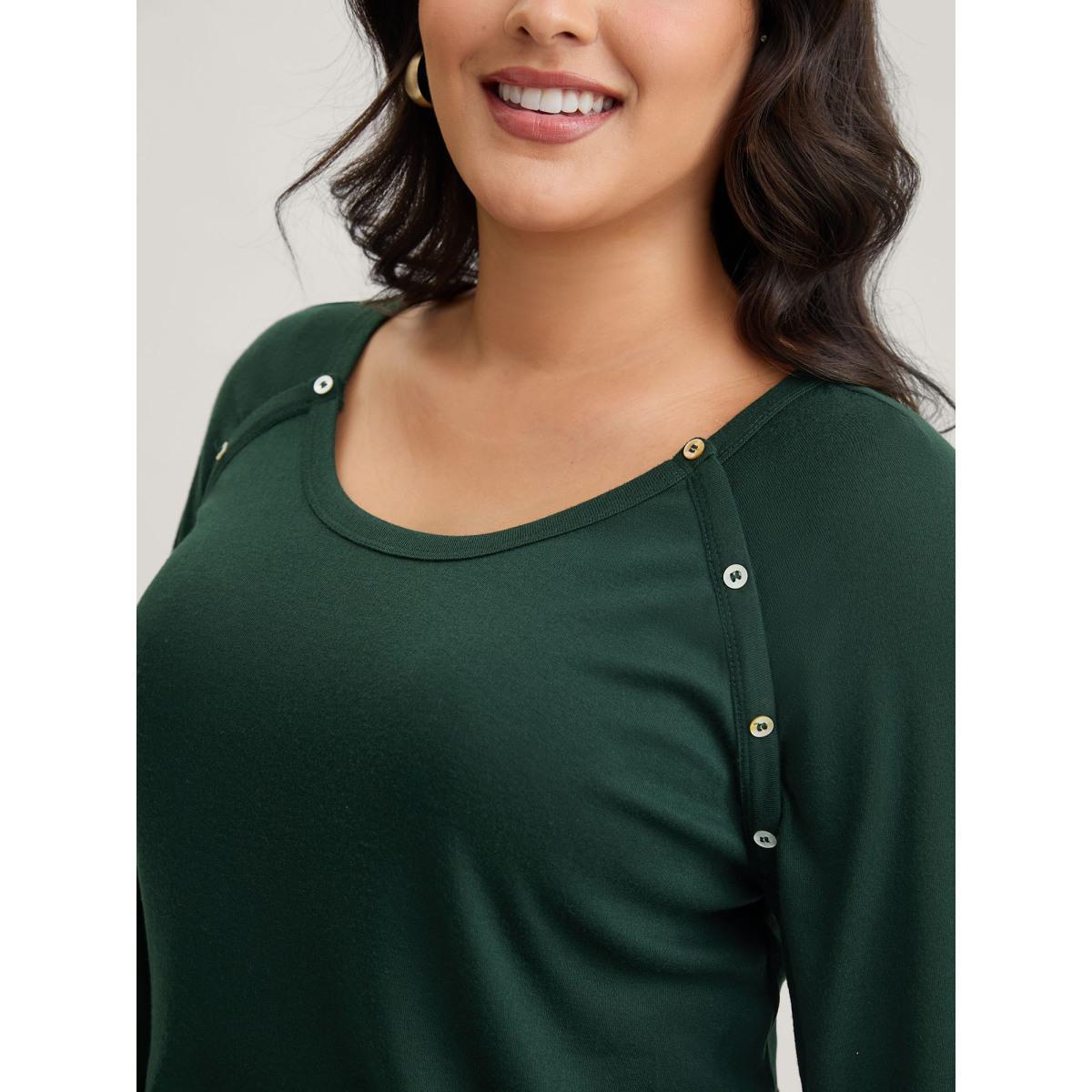 Plus Size Plain Gathered Button Detail T-shirt DarkGreen Women Casual Gathered Plain Round Neck Dailywear T-shirts BloomChic 10/M Product Image