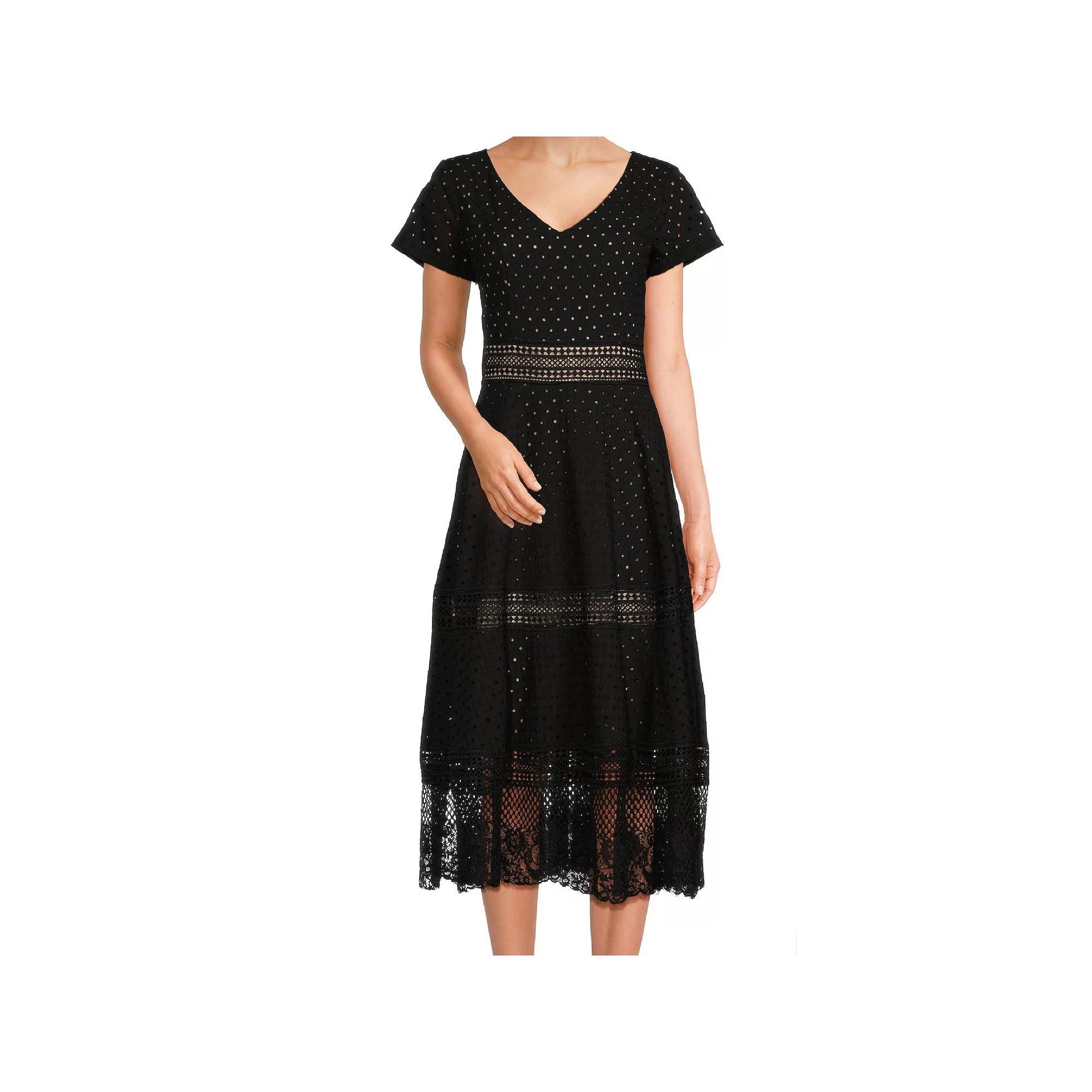 Women's Focus By Shani Cotton Eyelet Midi Dress with Lace Insets, Size: 6, White Product Image