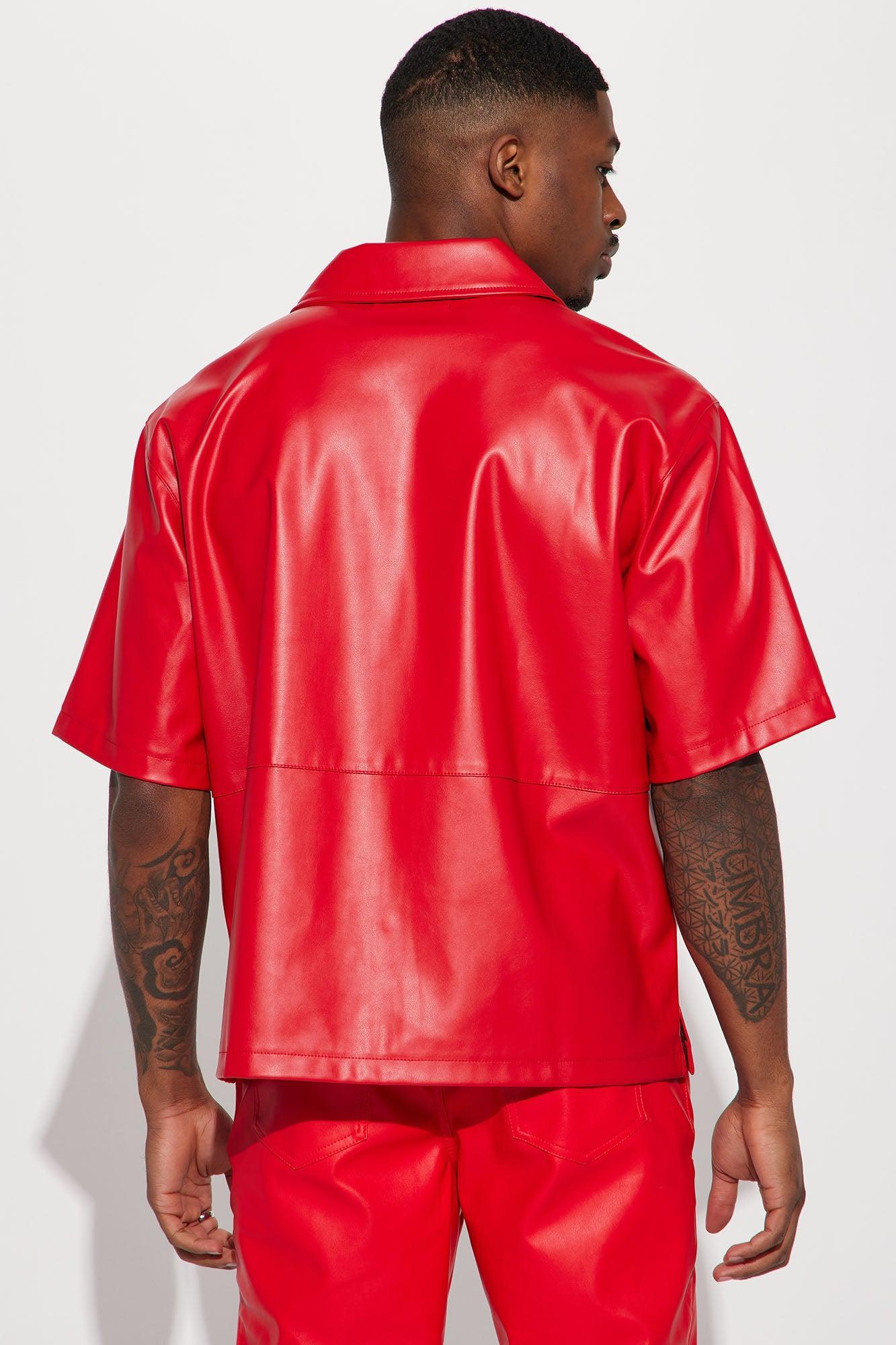 Slam Dunk Faux Leather Short Sleeve Button Up - Red Product Image