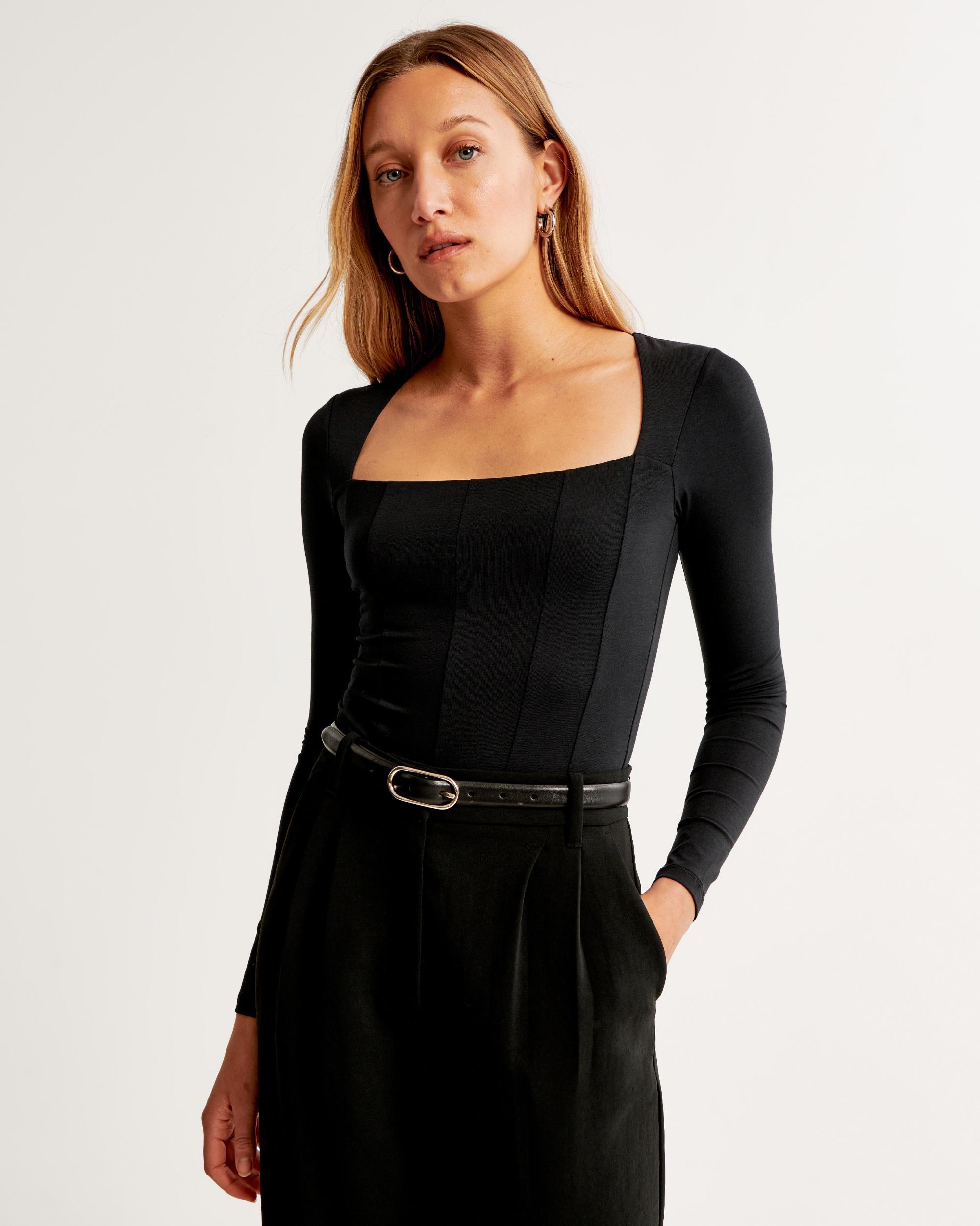 Long-Sleeve Cotton-Modal Squareneck Corset Bodysuit Product Image