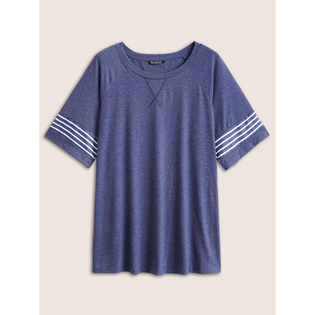 Plus Size Striped Contrast Raglan Sleeve Crew Neck T-shirt Indigo Women Casual Plain Everyday T-shirts BloomChic 30/6X Product Image