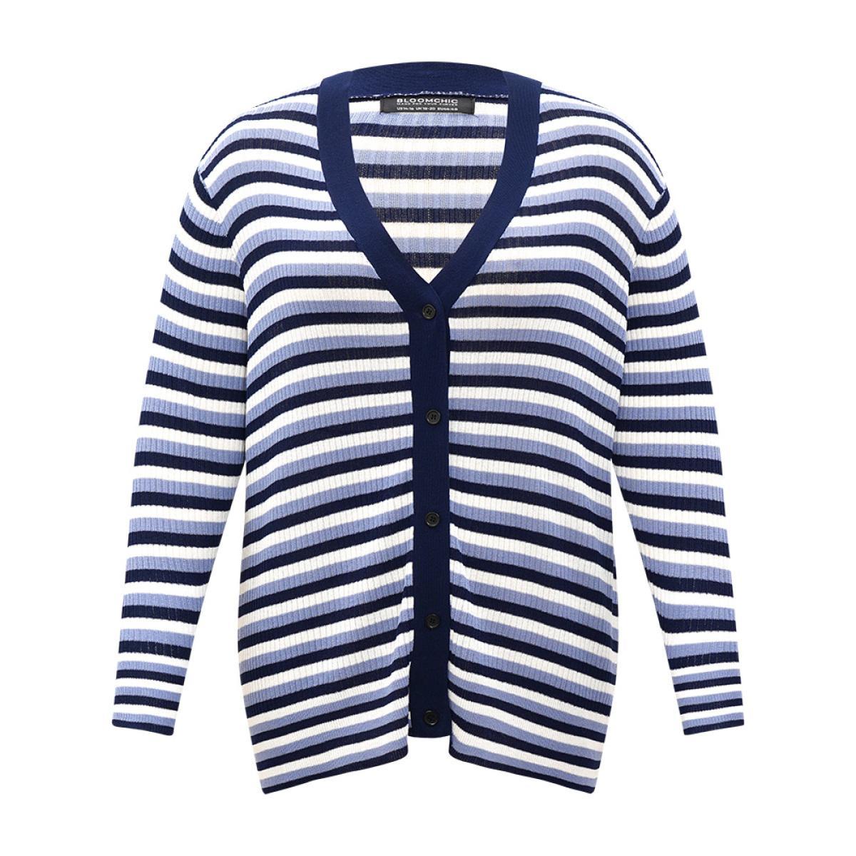 Plus Size Contrast Striped Rib Knit Button Through Cardigan Indigo Women Casual Loose Long Sleeve Dailywear Cardigans BloomChic 14-16/1X Product Image