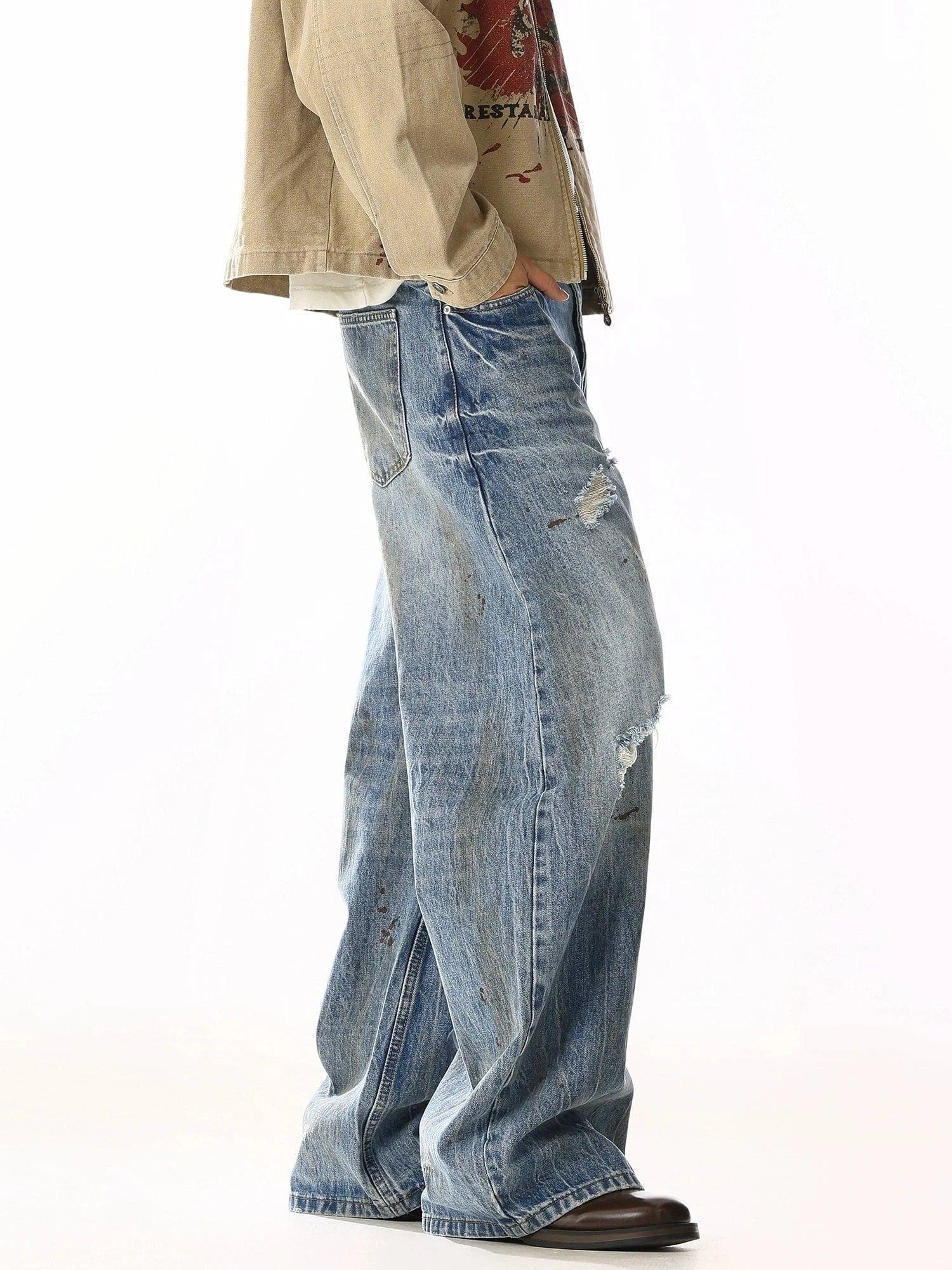 RT No. 19813 BLUE DISTRESSED DENIM STRAIGHT JEANS Product Image