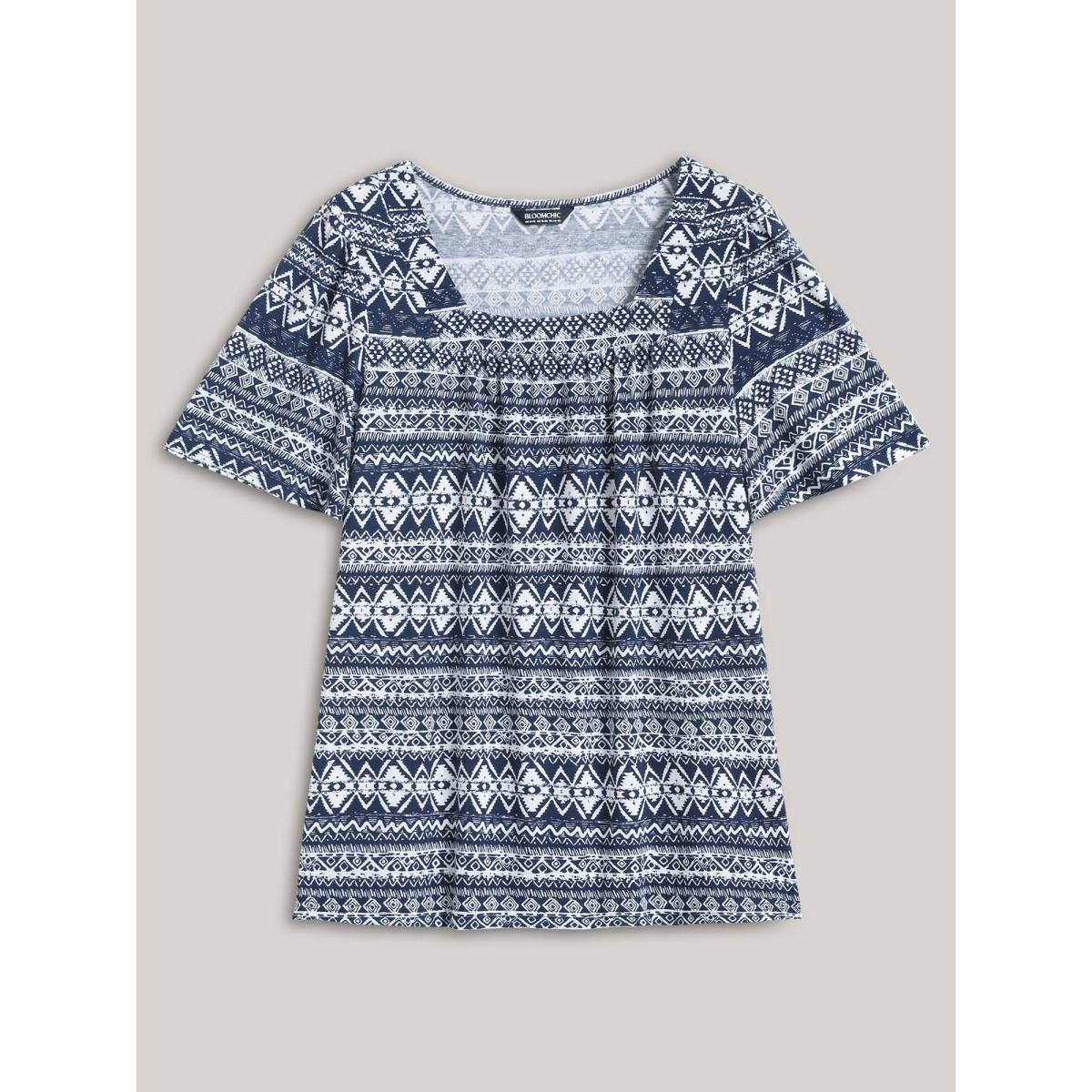 Plus Size Boho Print Square Neck T-Shirt Indigo Women Gathered Square Neck Everyday-Casual T-shirts BloomChic 12/L Product Image