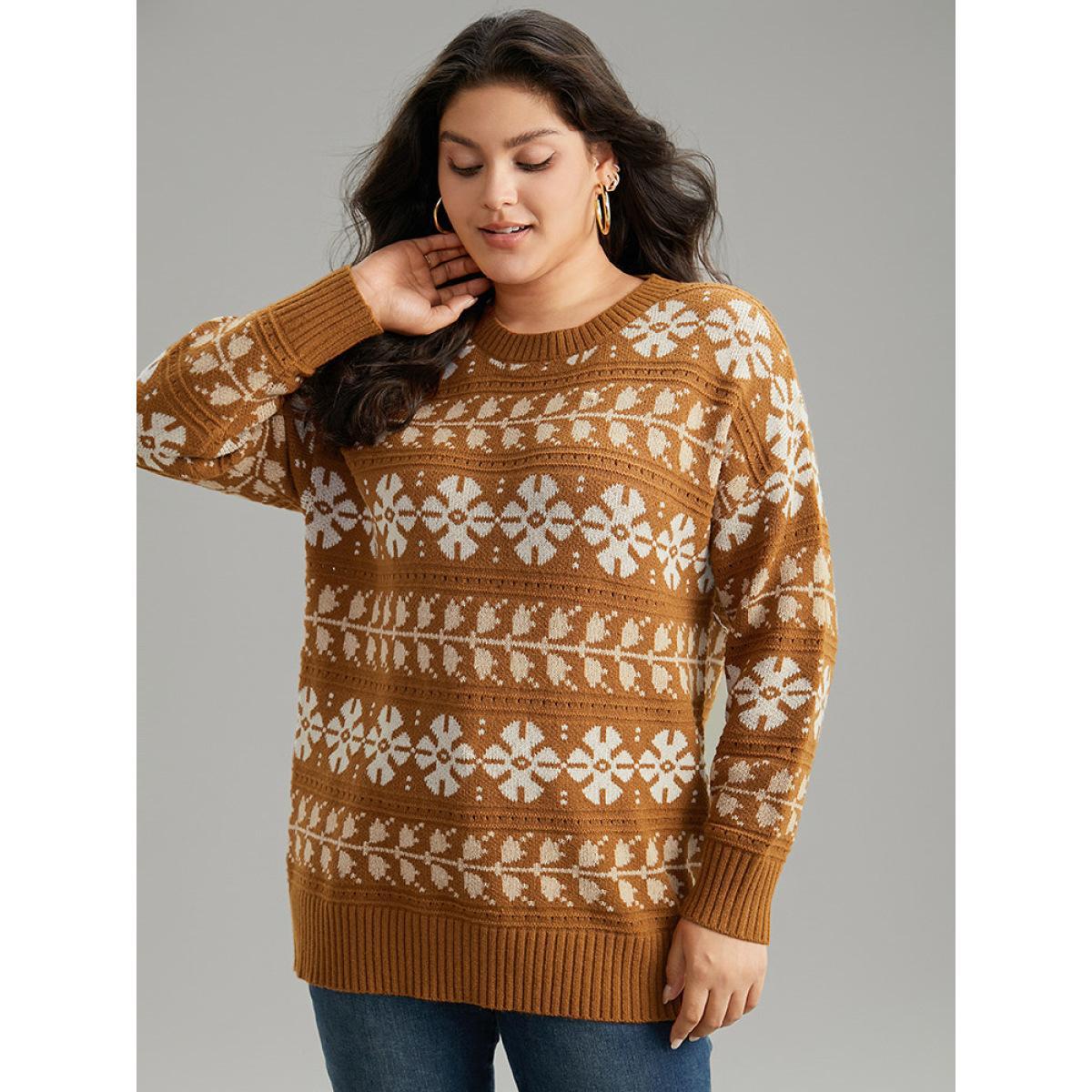 Plus Size Supersoft Essentials Anti-Pilling Geo Print Elastic Cuffs Pullover Chocolate Women Casual Loose Long Sleeve Round Neck Dailywear Pullovers BloomChic 22-24/3X Product Image