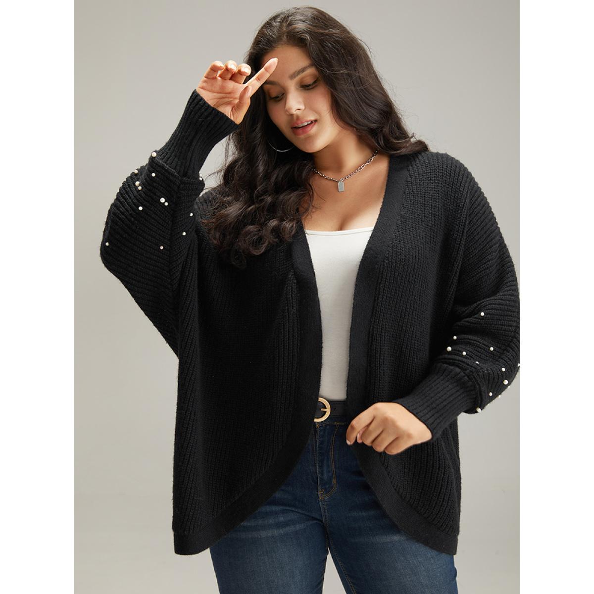 Plus Size Patchwork Pearl Beaded Curved Hem Cardigan Black Women Casual Loose Long Sleeve Dailywear Cardigans BloomChic 30/6X Product Image