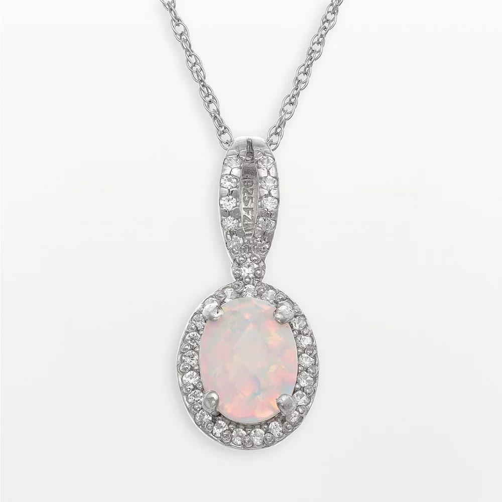 Sterling Silver Lab-Created Opal and Lab-Created White Sapphire Oval Halo Pendant, Women's, Size: 18", Multi Product Image
