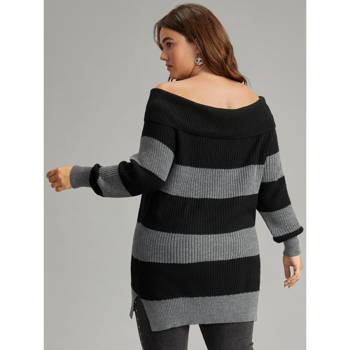 Plus Size Colorblock Drop Shoulder Lapel Collar Pullover Black Women Casual Loose Long Sleeve Lapel Collar Festival-Halloween Pullovers BloomChic 30/6X Product Image