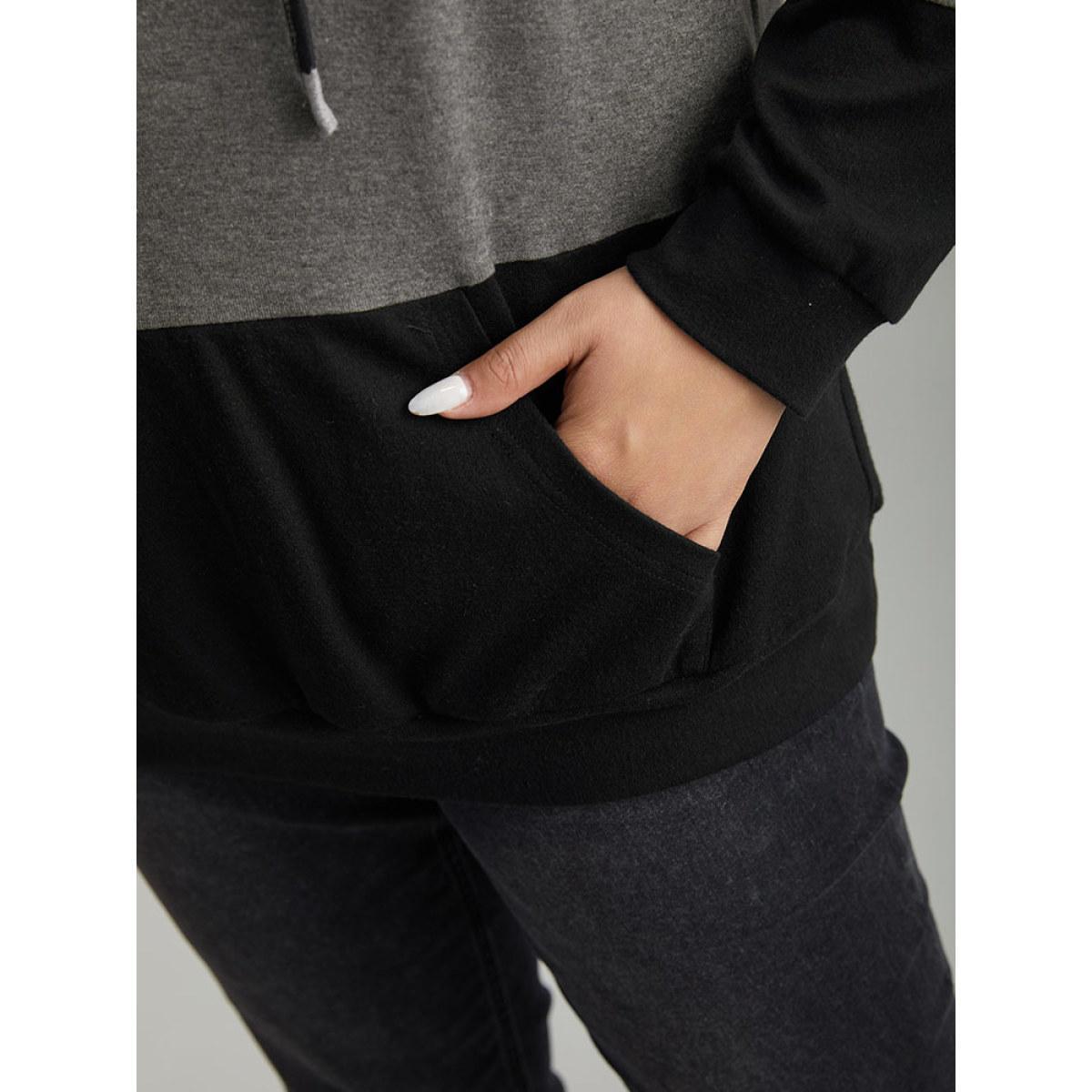 Plus Size Leopard Colorblock Contrast Hooded Drawstring Sweatshirt Women Black Casual Contrast Hooded Dailywear Sweatshirts BloomChic 30/6X Product Image
