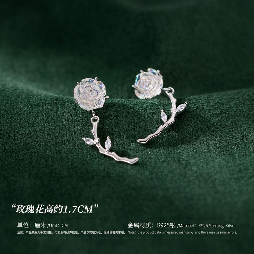 925 Sterling Silver Rhinestone Rose Drop Earring Product Image