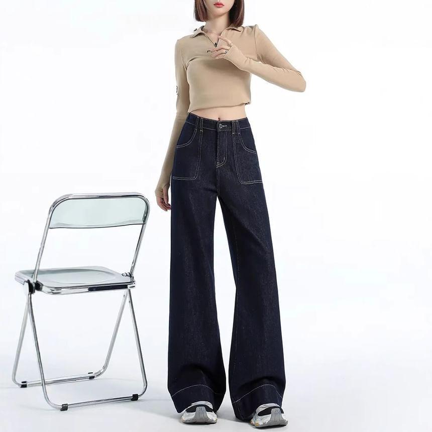 Mid Rise Contrast Stitched Wide Leg Jeans Product Image