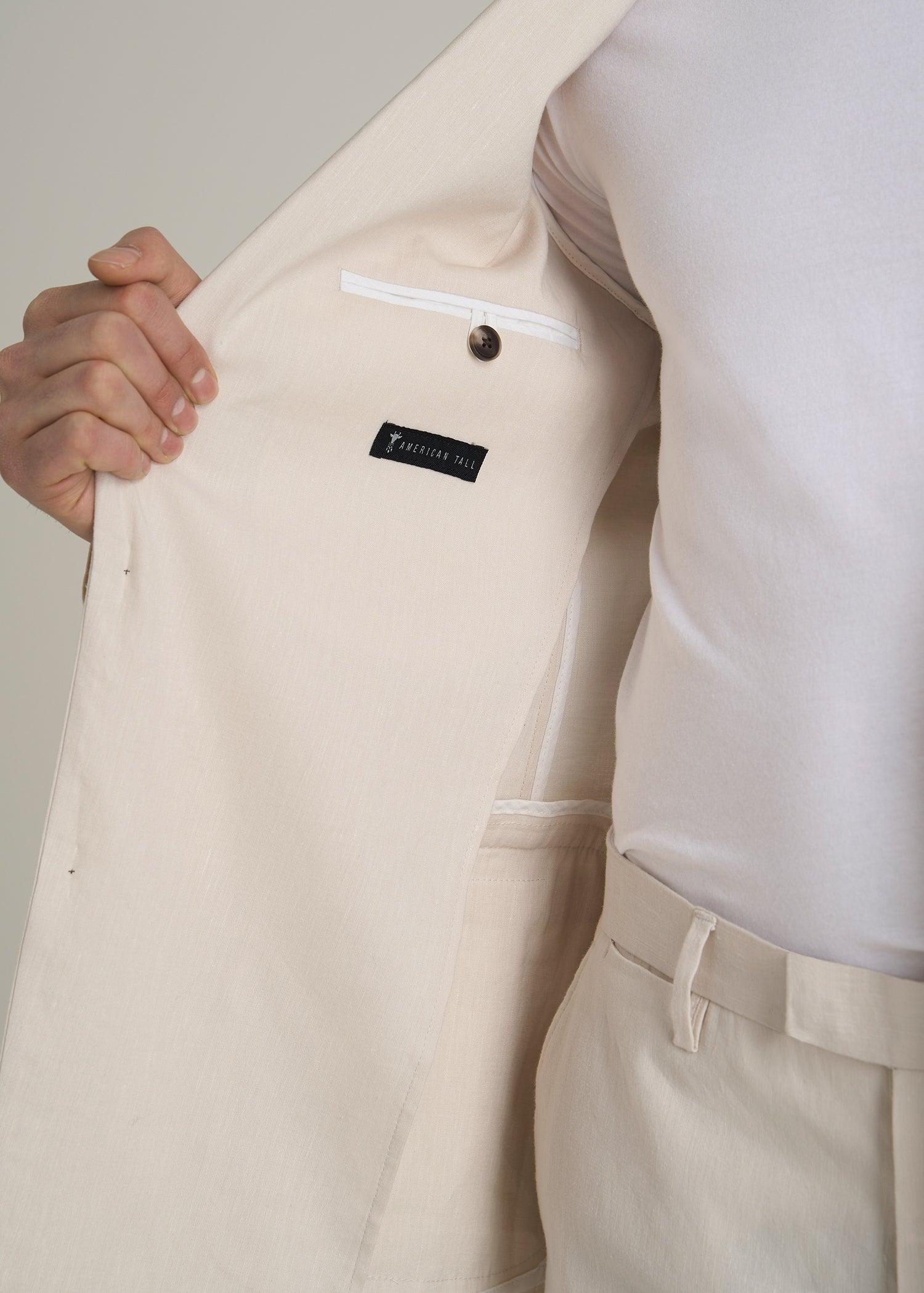 Stretch Linen Blazer for Tall Men in Light Beige Linen Product Image
