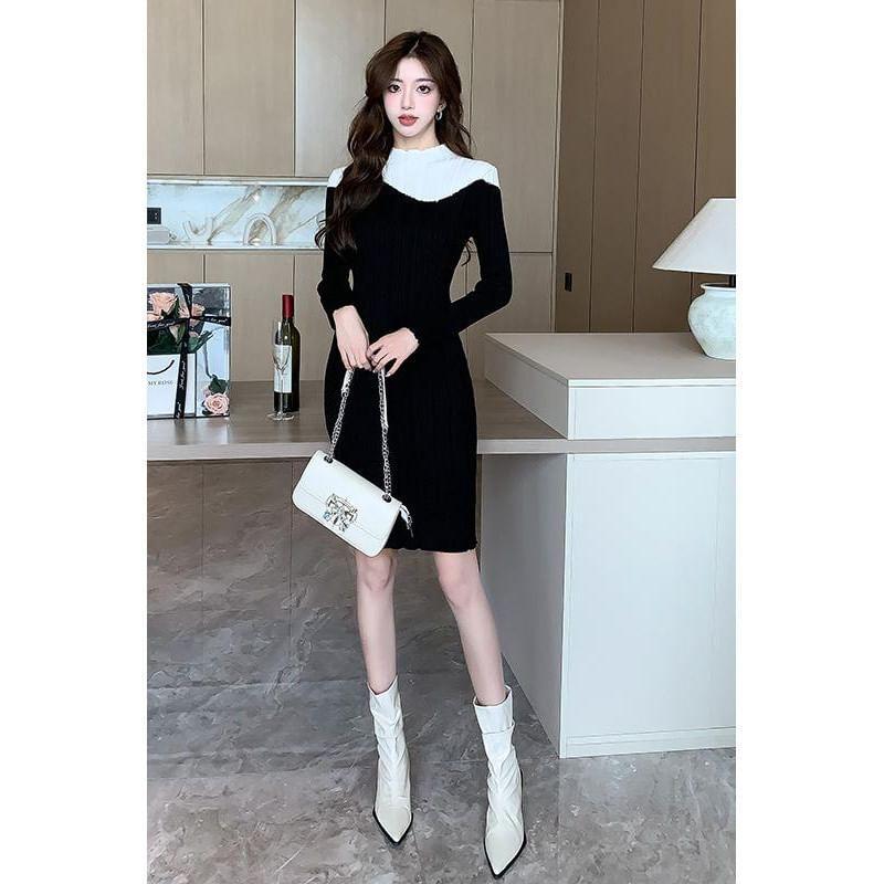 Long-Sleeve Mock Neck Two Tone Sheath Knit Dress Product Image