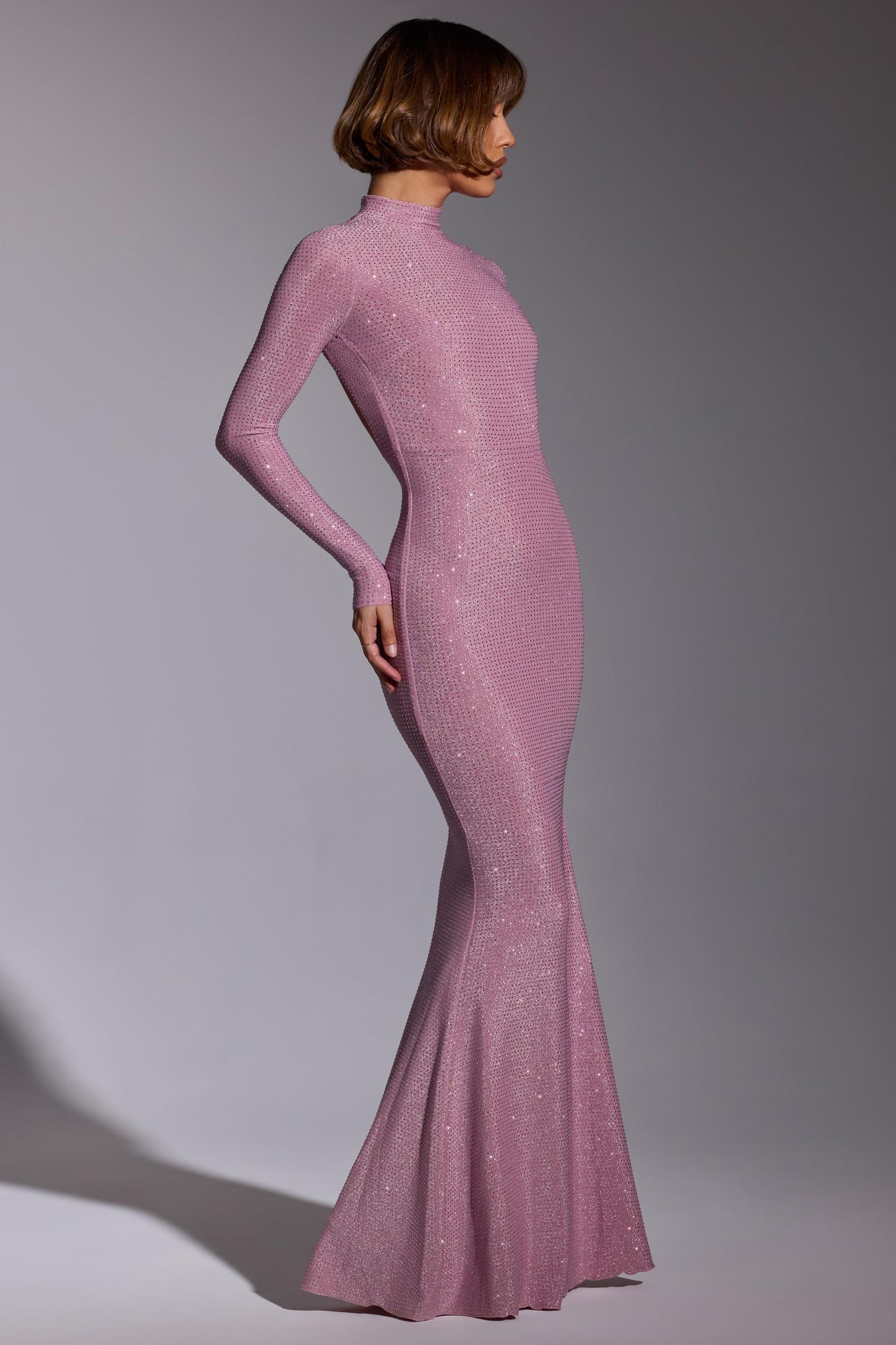 Embellished Long Sleeve Evening Gown in Light Pink Product Image