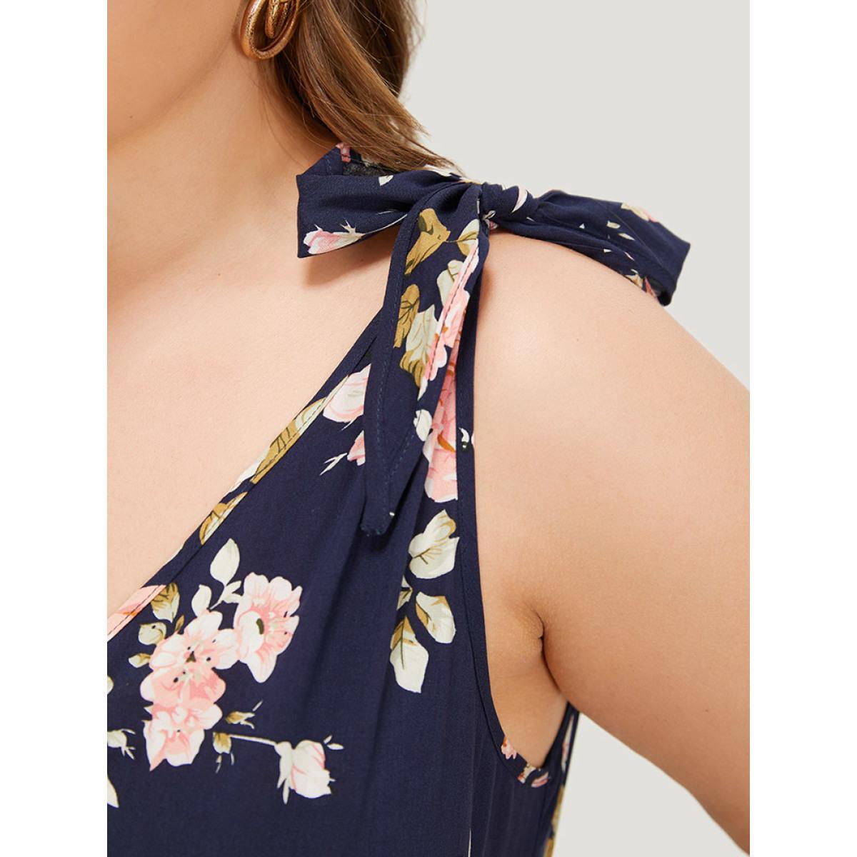 Plus Size DarkBlue Floral Belt Pocket Knot Shoulder Jumpsuit Women Elegant Sleeveless Spaghetti Strap Dailywear Loose Jumpsuits BloomChic 22-24/3X Product Image