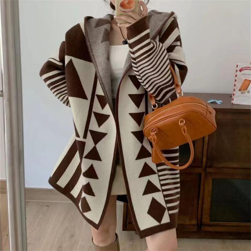 Geometric Print Hooded Open Front Long Cardigan Product Image