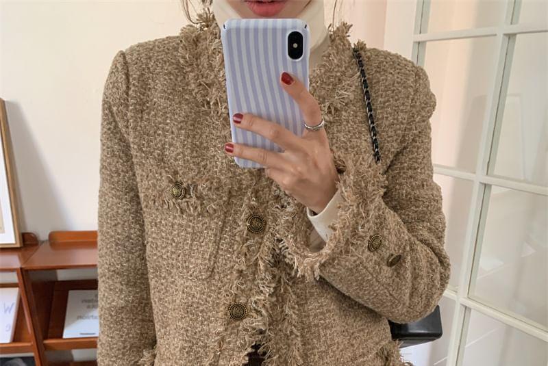 Plaid Fringed Trim Single-Breasted Jacket Product Image