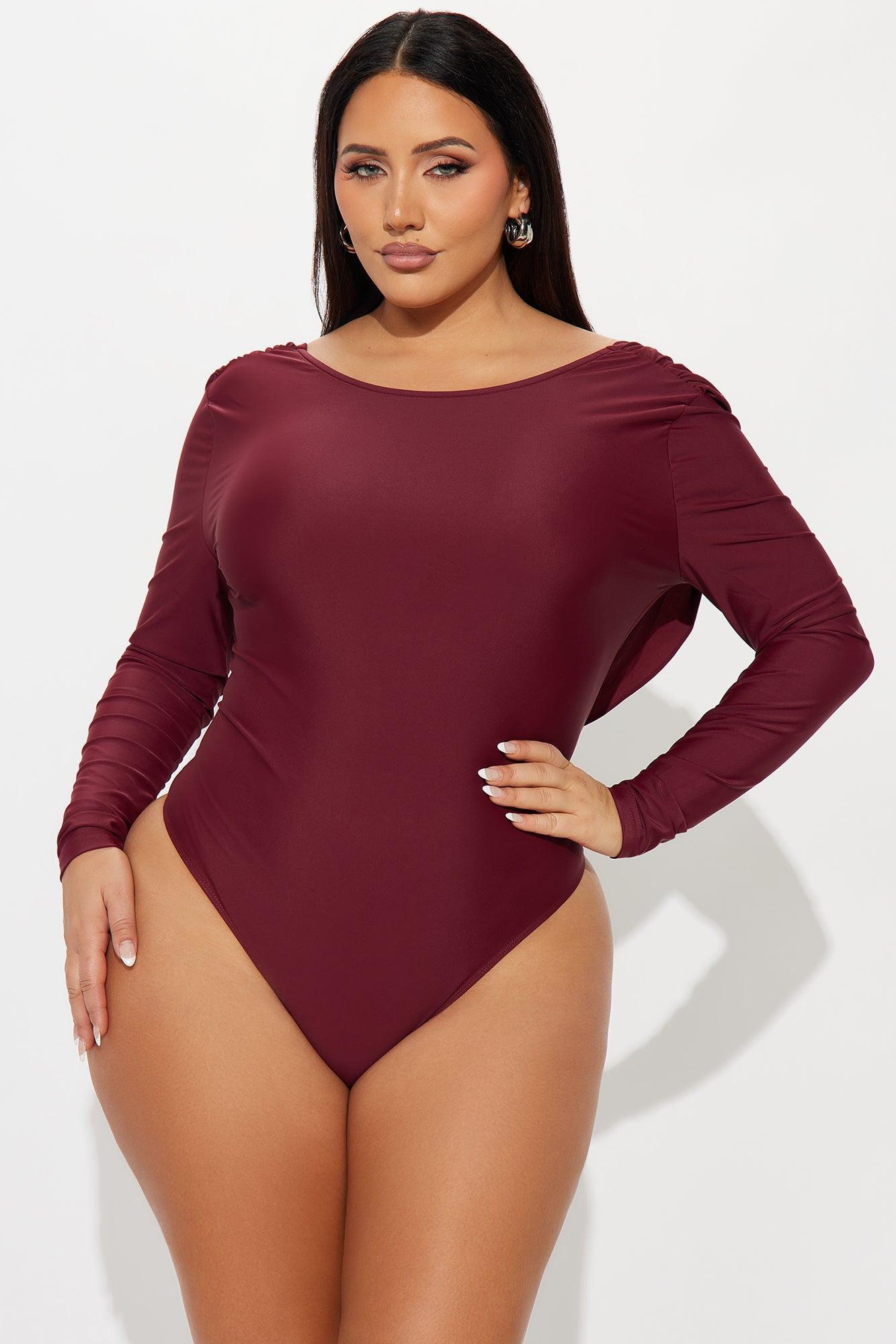 Sabrina Long Sleeve Open Bodysuit - Burgundy Product Image