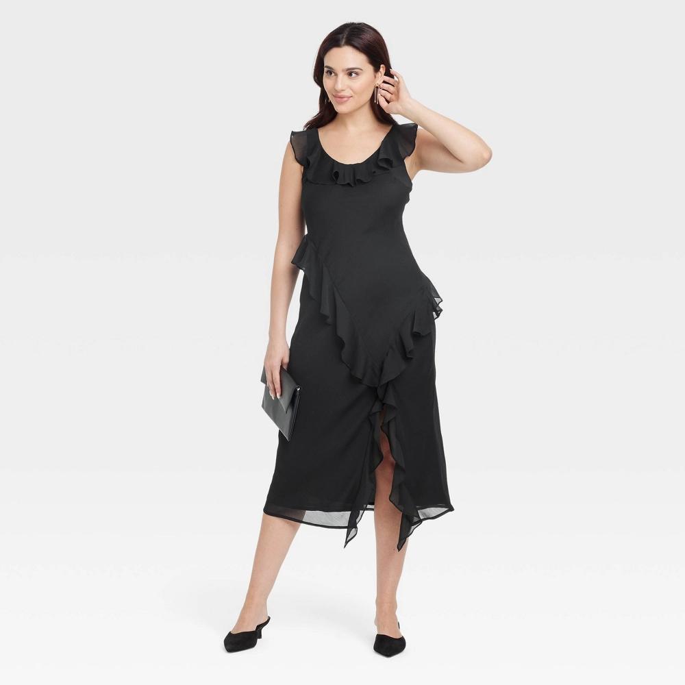 Women's Ruffle Slip Dress - A New Day™ Black S: Lightweight Chiffon, Sleeveless, Scoopneck, Full Lining Product Image