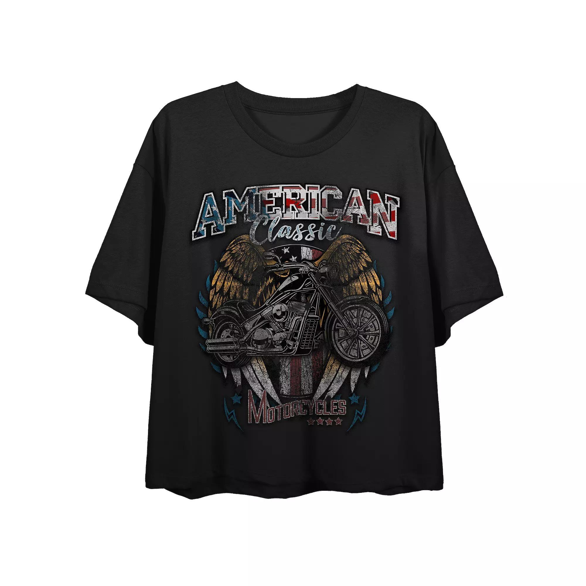 Juniors American Classic Motorcycles Faded Crewneck Boxy Graphic Tee, Girl's, Size: XS, Black Product Image