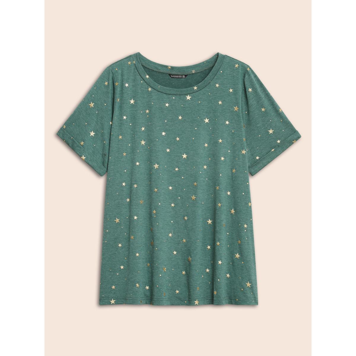 Plus Size Star Glitter Cuffed Sleeve Crew Neck T-shirt Cyan Women Casual Heather Moon and Star Round Neck Dailywear T-shirts BloomChic 12/L Product Image