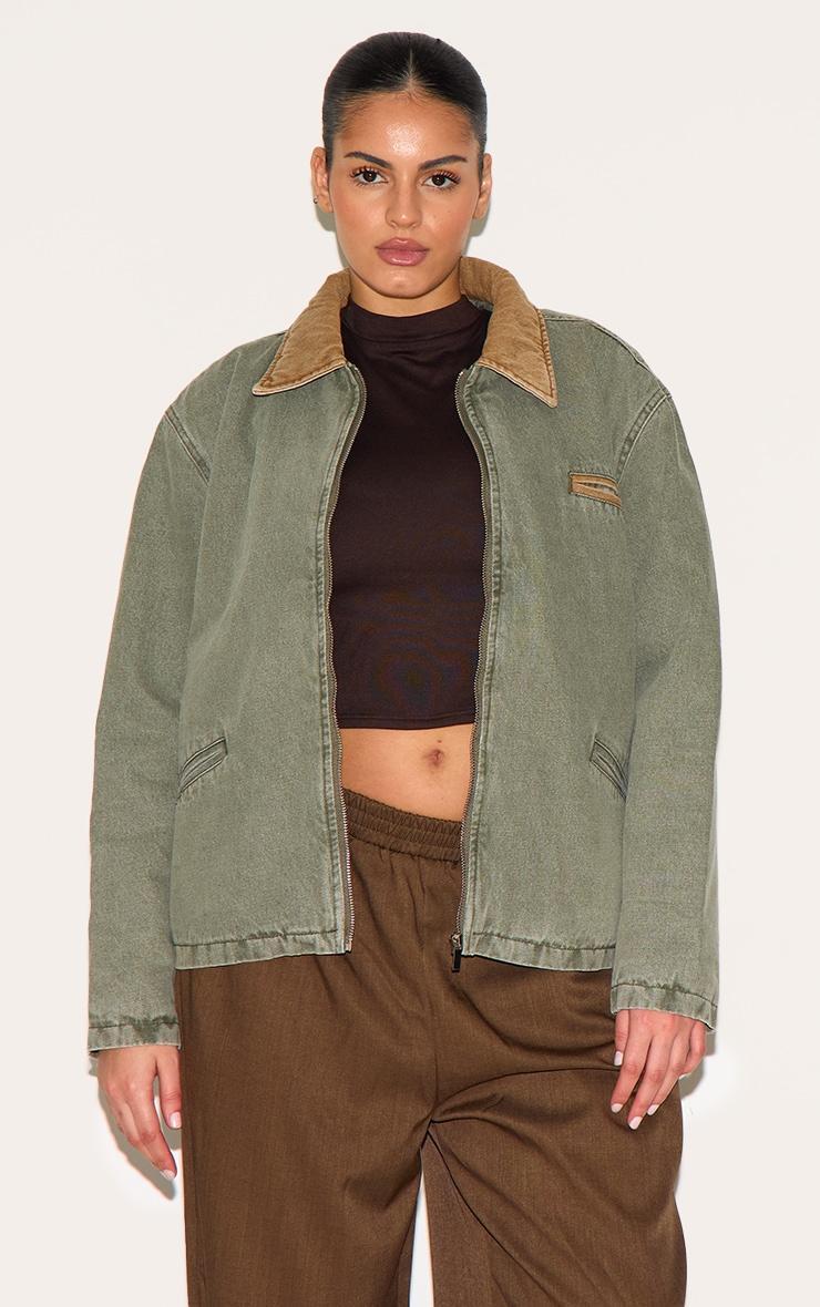 Plus Khaki Zip Up Contrast Collar Denim Jacket Product Image