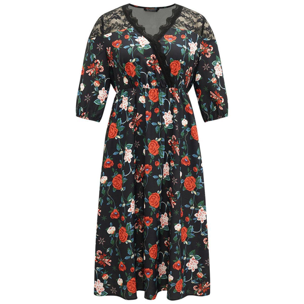 Plus Size Floral Crochet Lace Mesh Overlap Collar Dress Black Women Office Elastic cuffs Overlap Collar Elbow-length sleeve Curvy Midi Dress BloomChic 30/6X Product Image