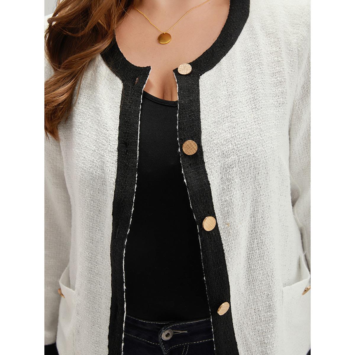 Plus Size Two Tone Tweed Buckle Detail Pocket Blazer White Women Work Plain Texture Sleeve Long Sleeve Round Neck 22-24/3X Pocket Work From Home Blazers BloomChic Product Image