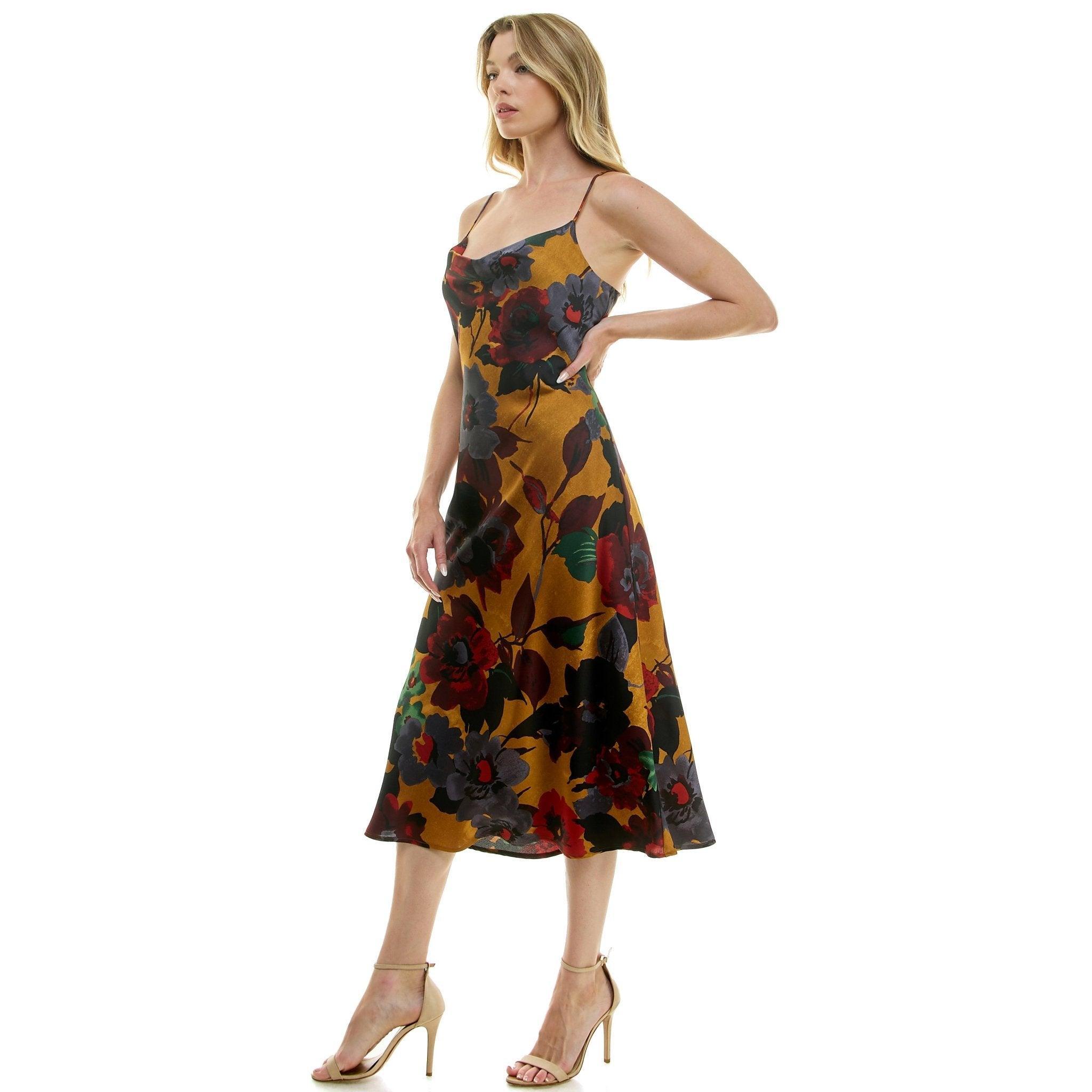 Gold Floral Cowl Neck Slip Midi Dress Product Image