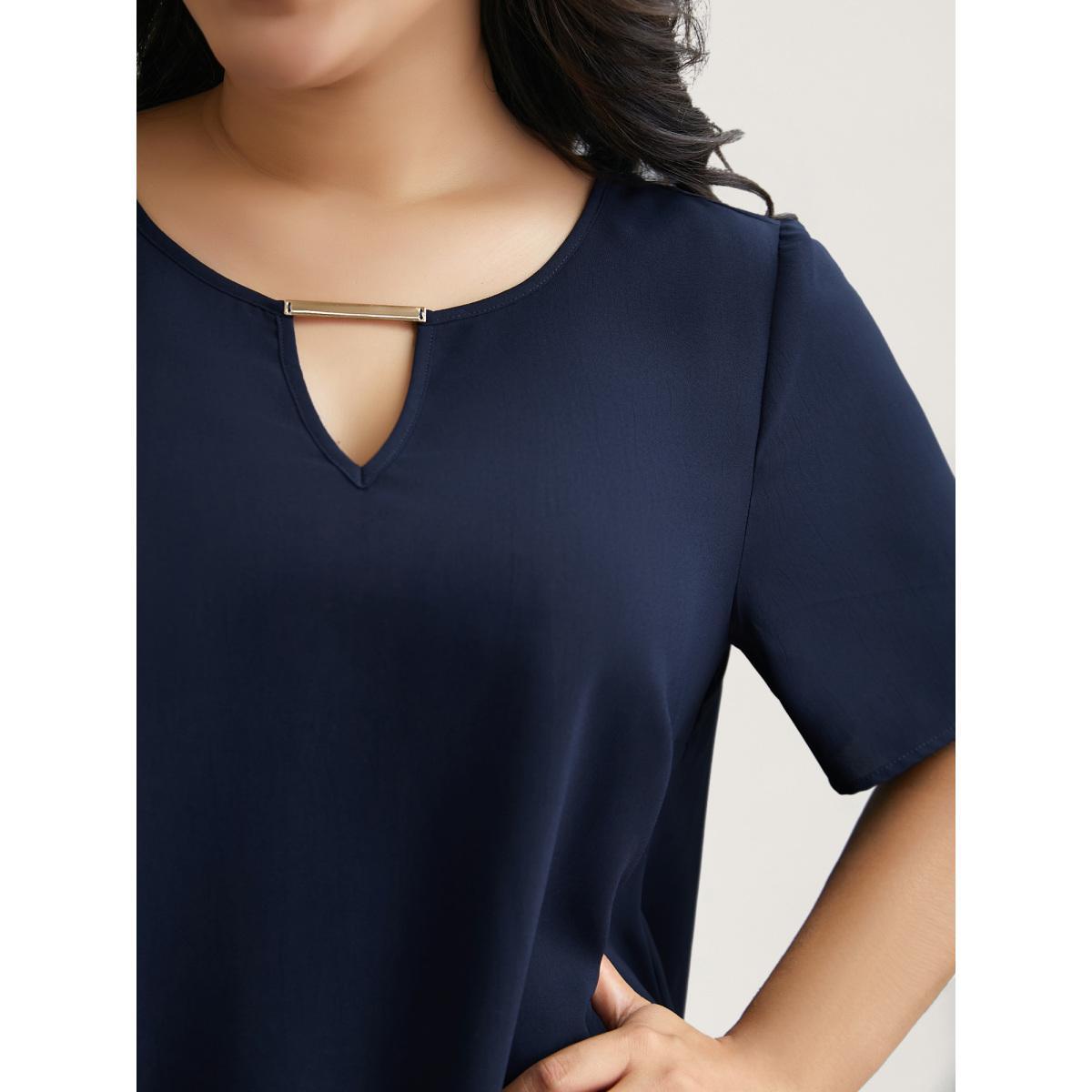 Plus Size Indigo Neck Cut-Out Color Contrast Shirt Women At the Office Short sleeve Round Neck Work Blouses BloomChic 28/5X Product Image
