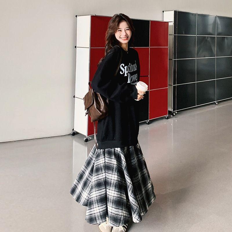 Long-Sleeve Crew Neck Lettering Mock Two-Piece Maxi Sweatshirt Dress Product Image