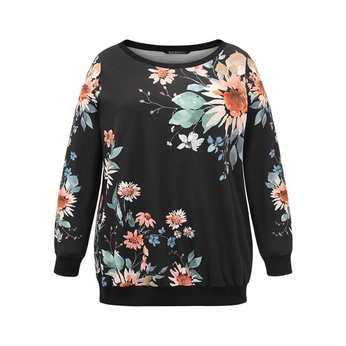 Plus Size Floral Print Round Neck Sweatshirt Women Black Casual Elastic cuffs Round Neck Dailywear Sweatshirts BloomChic 28/5X Product Image
