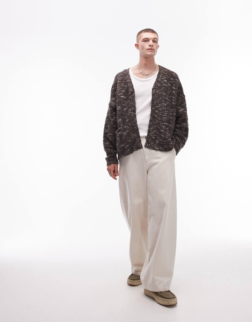 Topman relaxed fit boucle pattern cardigan in brown Product Image