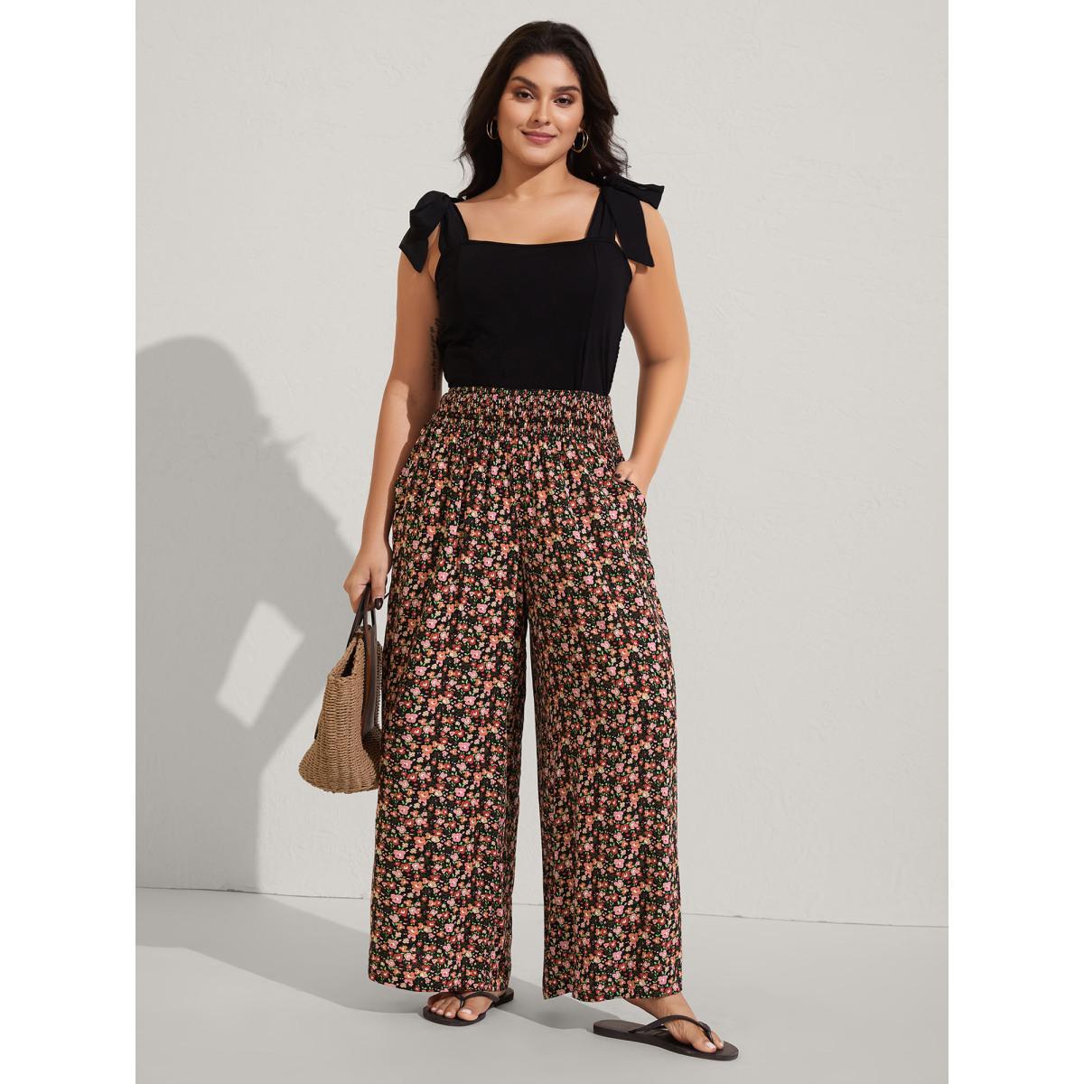 Plus Size Shirred Waist Ditsy Floral Wide-Leg Pants Women BlackFlower Resort Wide Leg Mid Rise Vacation Pants BloomChic 18-20/2X Product Image