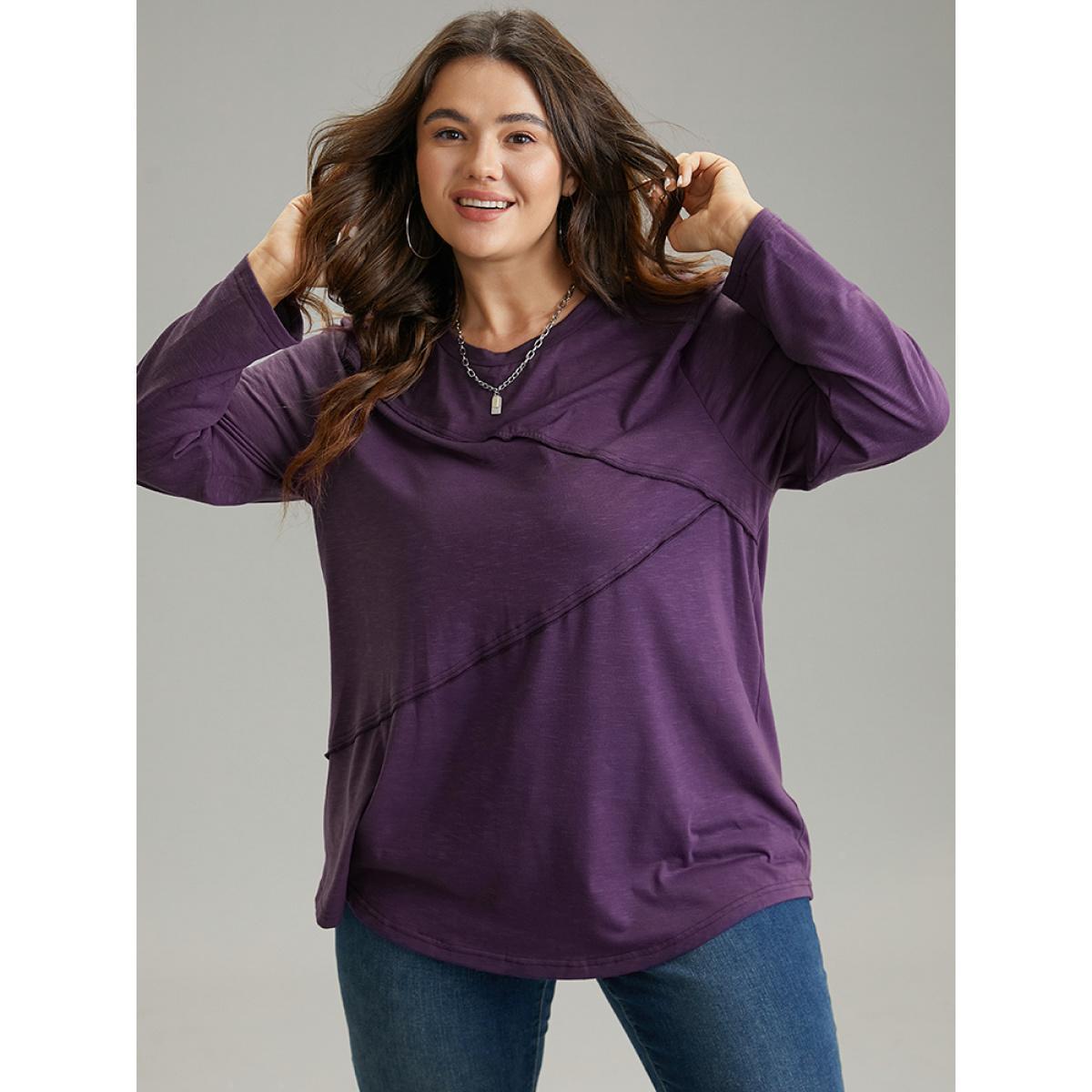 Plus Size Solid Pleated Round Neck T-shirt Purple Women Casual Plain Plain Round Neck Dailywear T-shirts BloomChic 18-20/2X Product Image