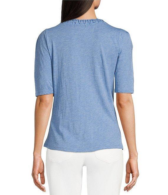 Democracy Knit Soutache Embroidered Scoop Neck Elbow Sleeve Side Ruched Top Product Image